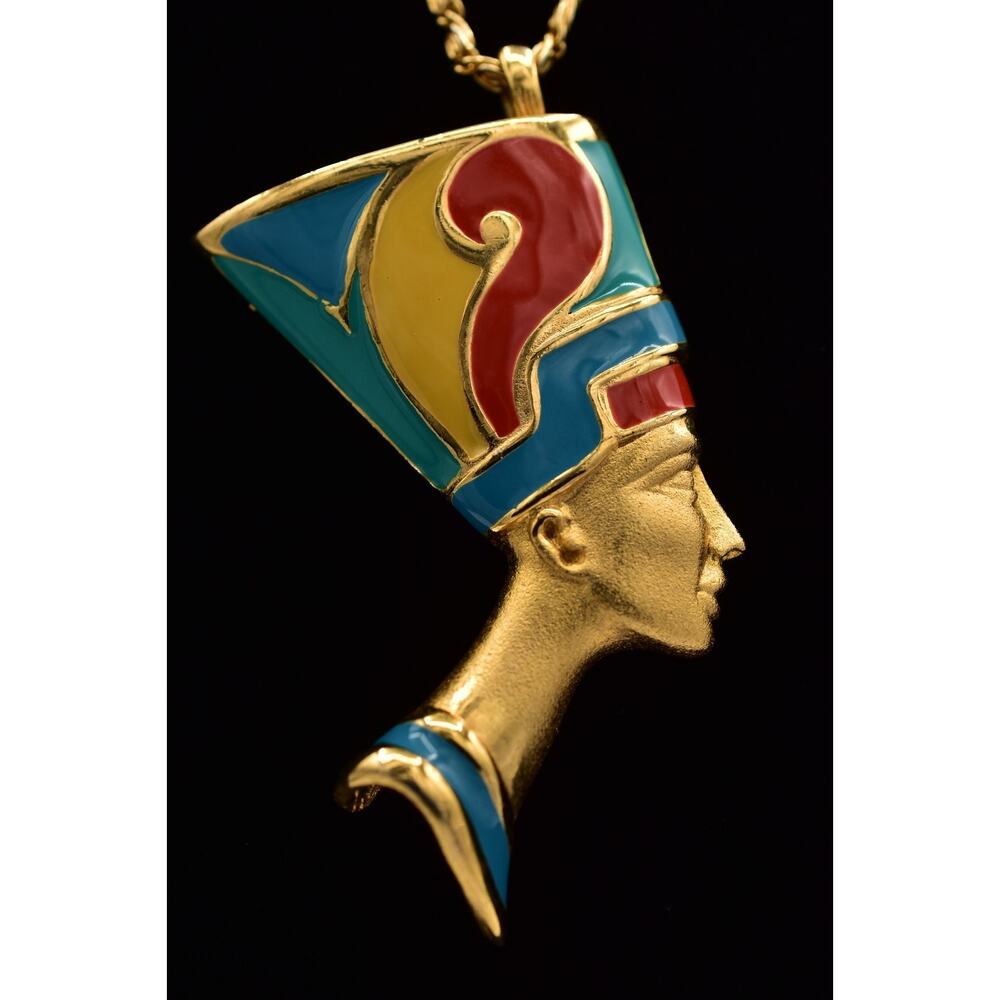 Gold Crown Vintage Nefertiti Pendant Necklace Brushed Gold Enamel Signed Bin6B